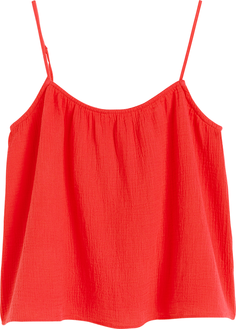 Front view of isolated red linen women's strap top blouse